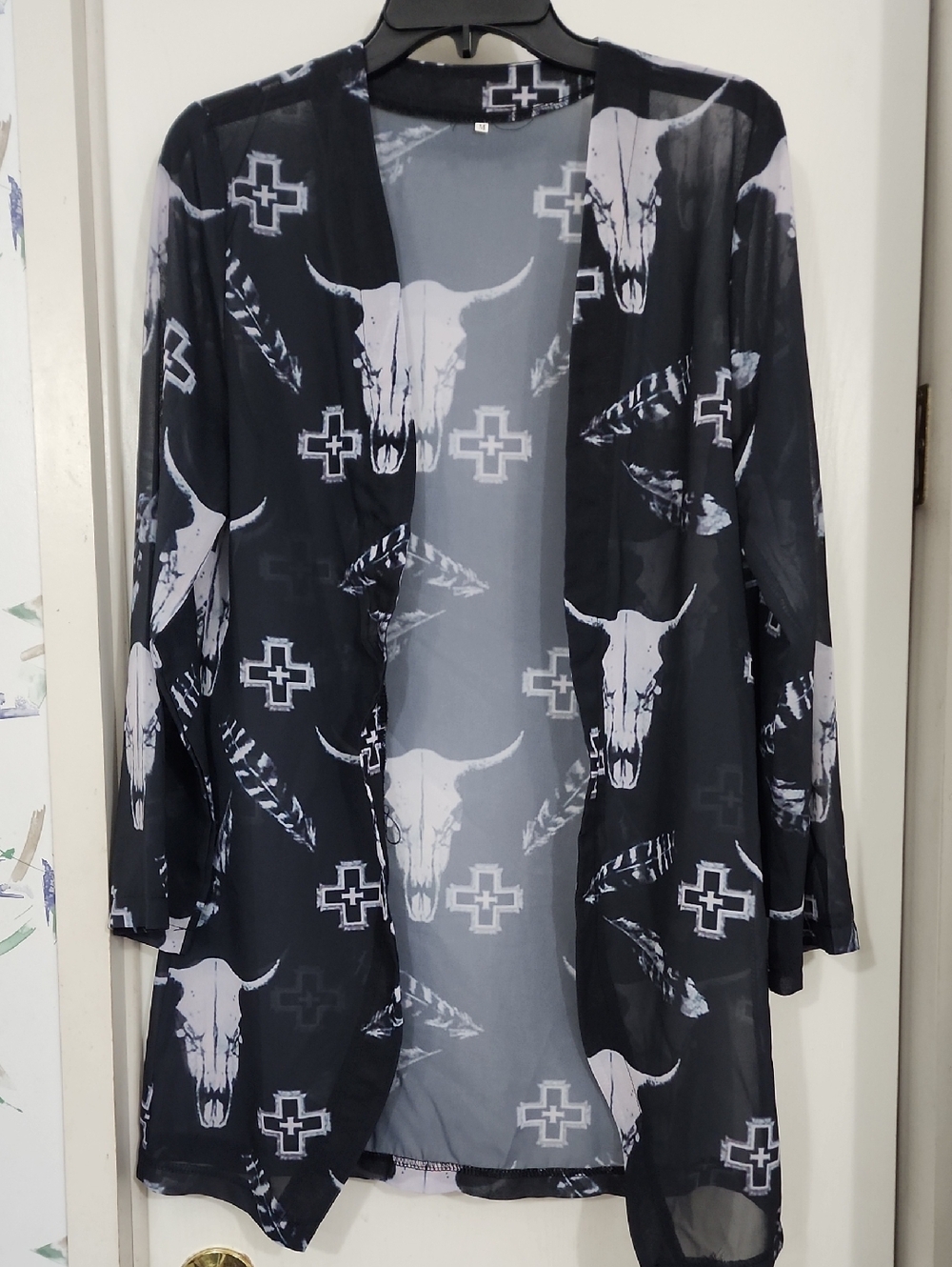 Sheer Black Kimono Cardigan with White Skull & Feather Print
